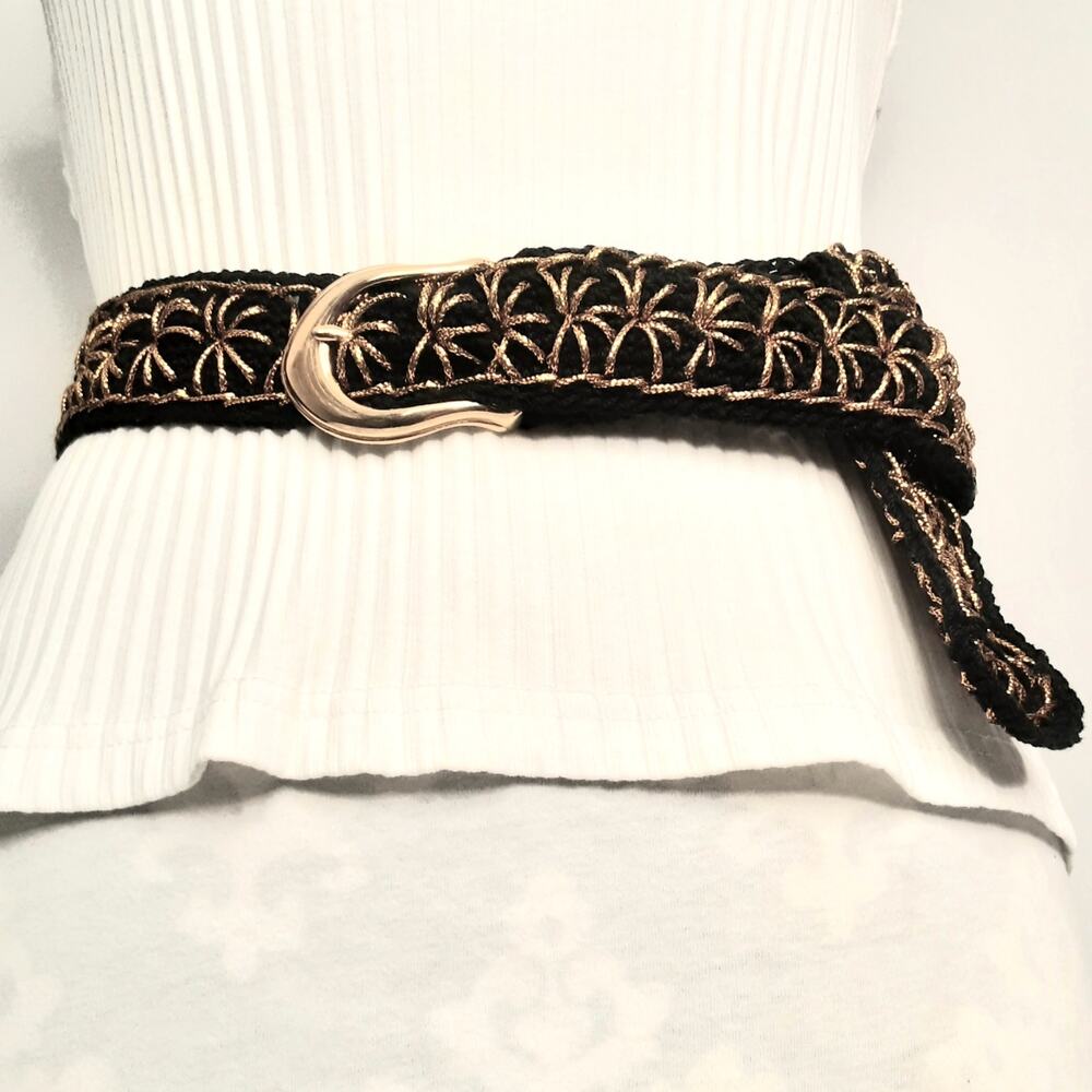 💎Handcrafted Black Boho Lux Crochet Belt With Gold Tone Starburst Embroidery